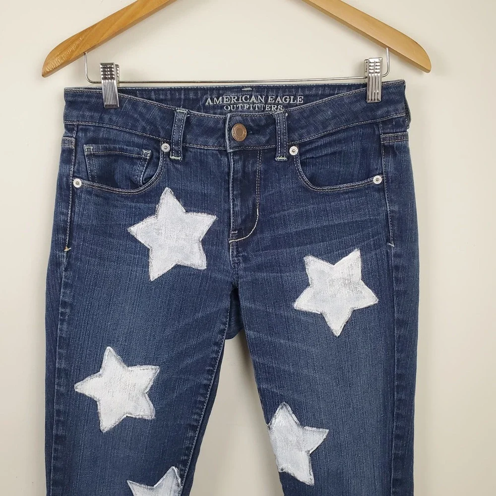 American Eagle | Star Graphic Jeans Skinny Stretch Frayed Hem Women's Size 6 - Picture 4 of 16